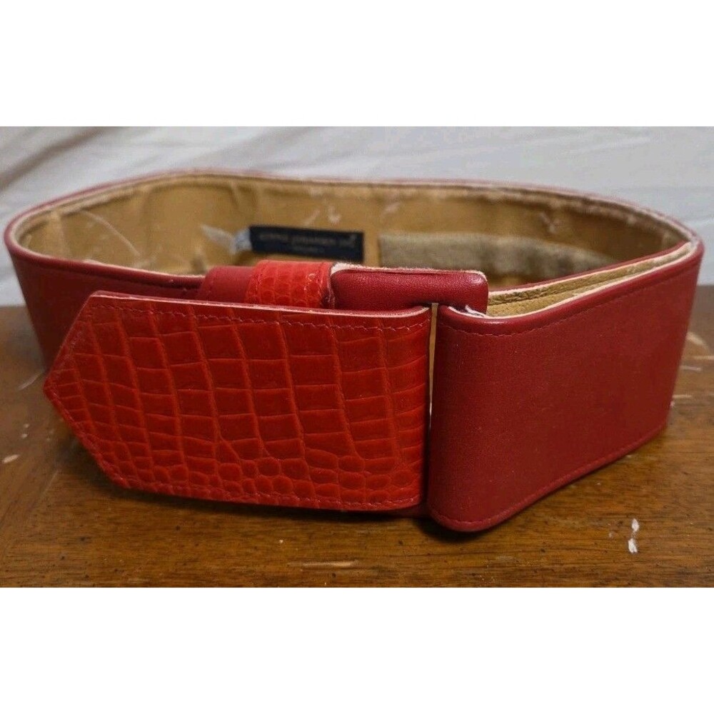 Ginnie Johansen Red Leather Alligator Print Belt Buckle 26" Vintage 1980s Wide
